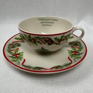 CHRISTMAS TREE SPODE 2010 ANNUAL IVORY GREEN RED TEACUP AND SAUCER COLLECTION